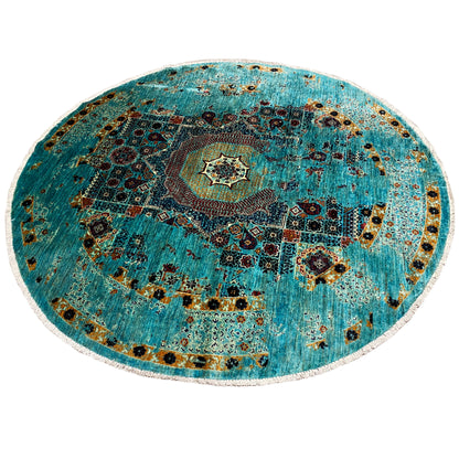 Round Mamluk rug in turquoise, large ornamental fields, light-colored outer border