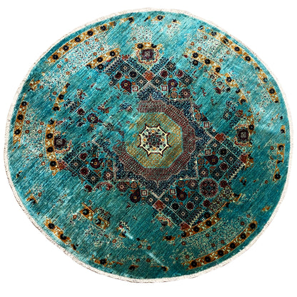 Round turquoise Mamluk rug with ornamental medallions and a light contrasting border