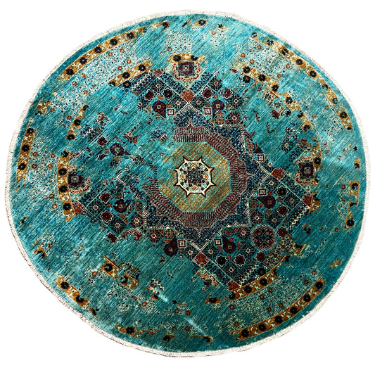 Round turquoise Mamluk rug with ornamental medallions and a light contrasting border