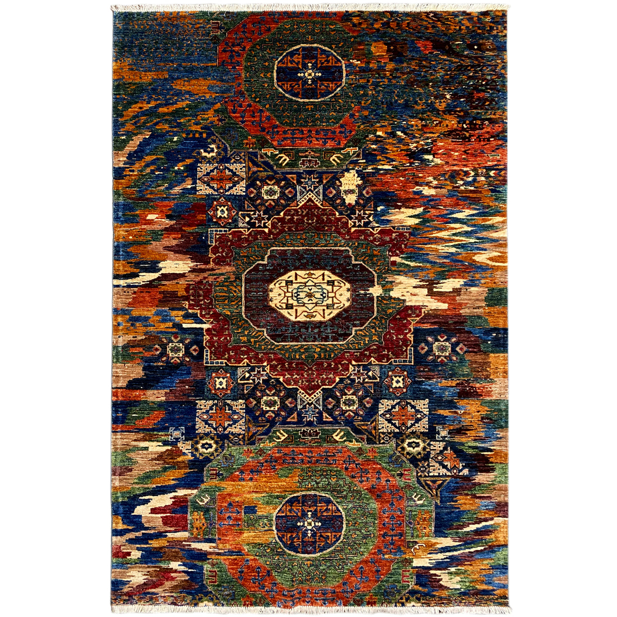 Mamluk rug, rectangular, colorfully patterned with a medallion and border, flat-woven.