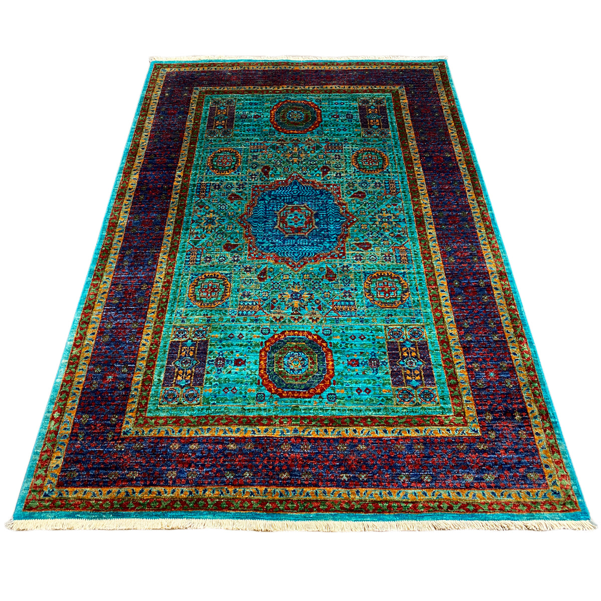 Mamluk carpet: turquoise patterned field with decorative borders in dark blue, red, and yellow