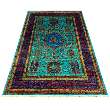 Mamluk carpet: turquoise patterned field with decorative borders in dark blue, red, and yellow