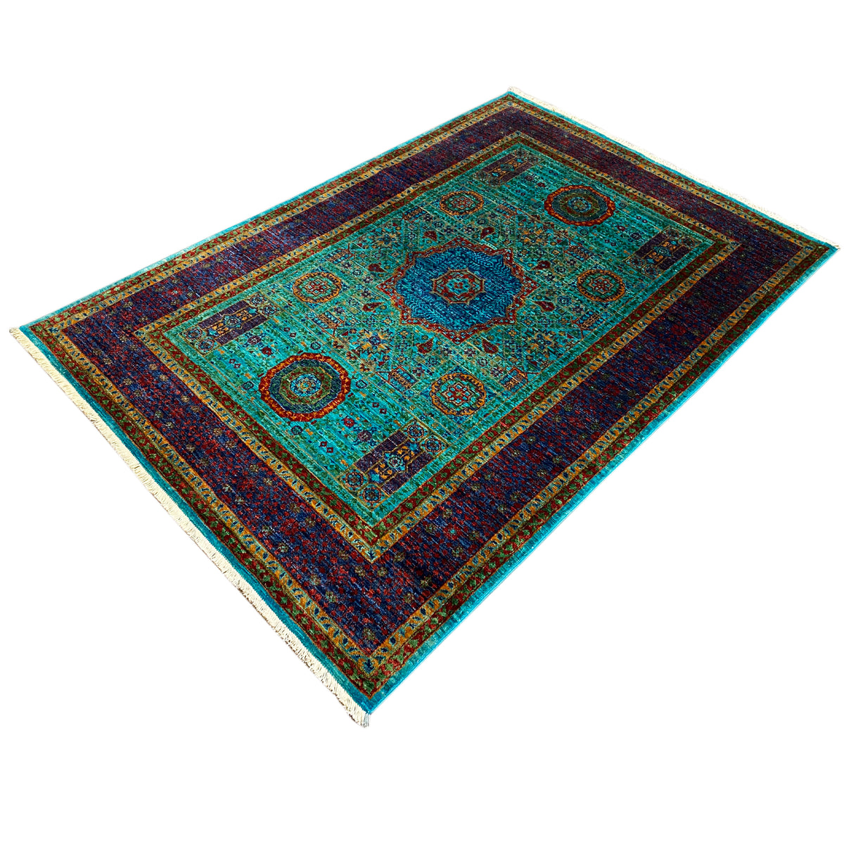 Mamluk carpet with a turquoise ground, dark blue border, and round ornamental medallions