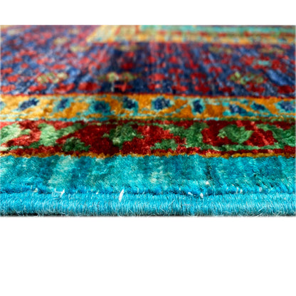 Rug edge with a colorful striped pattern and dense pile in turquoise, dark blue, and red