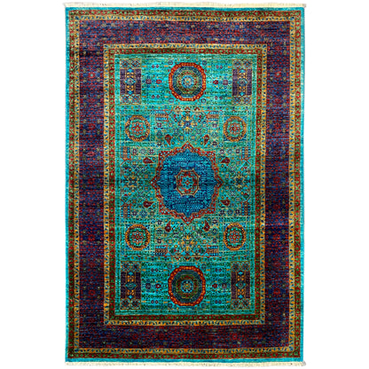 Hand-knotted Mamluk rug with a turquoise central field and dark blue border frame