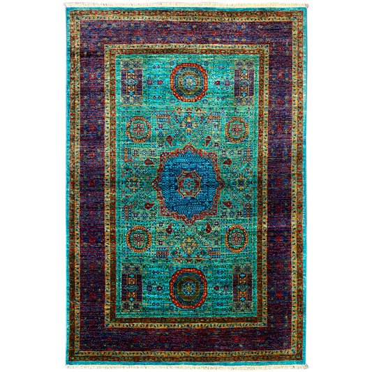 Hand-knotted Mamluk rug with a turquoise central field and dark blue border frame