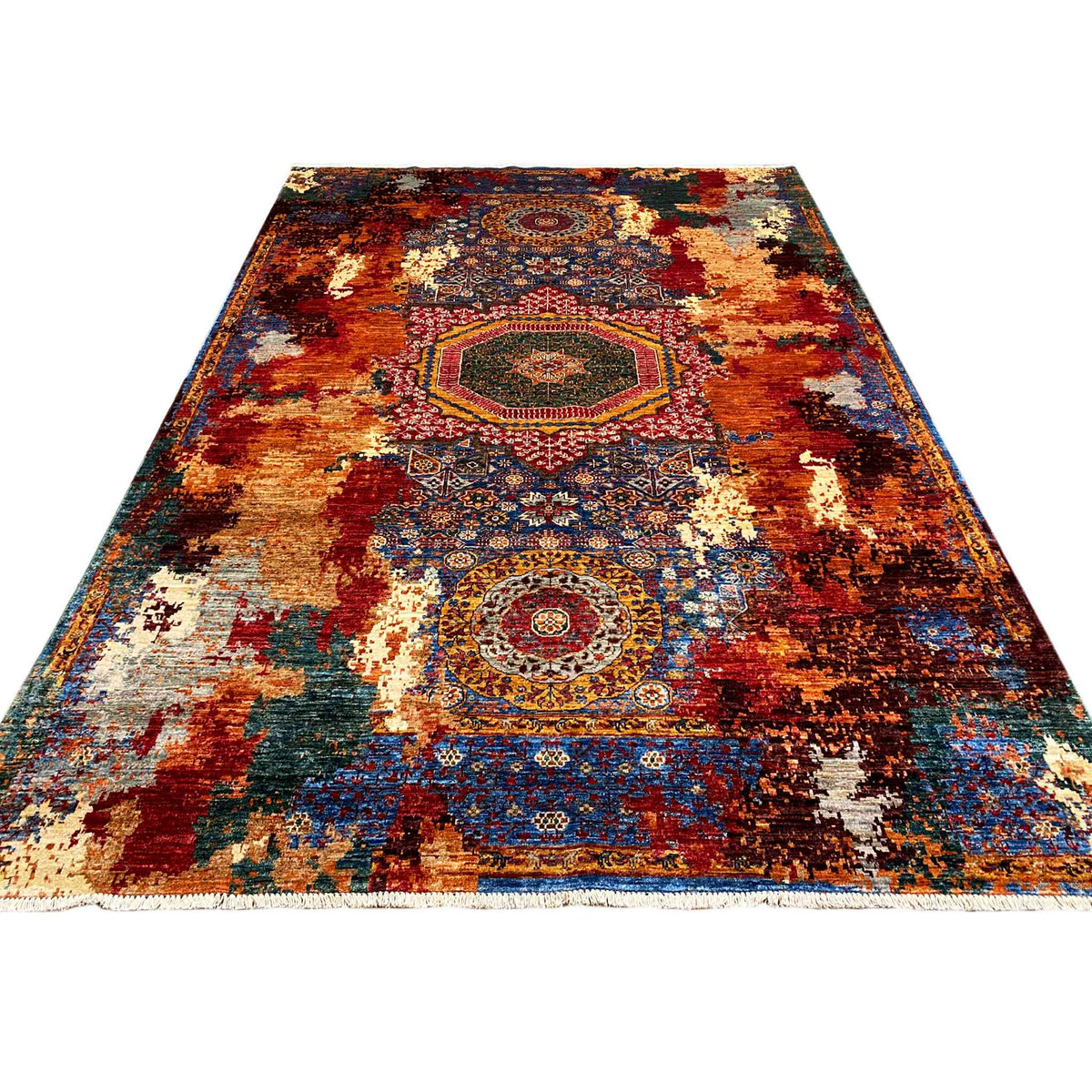 Rectangular Mamluk rug with medallions, blue and rust red, abstract patterns