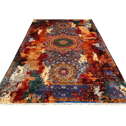 Rectangular Mamluk rug with medallions, blue and rust red, abstract patterns