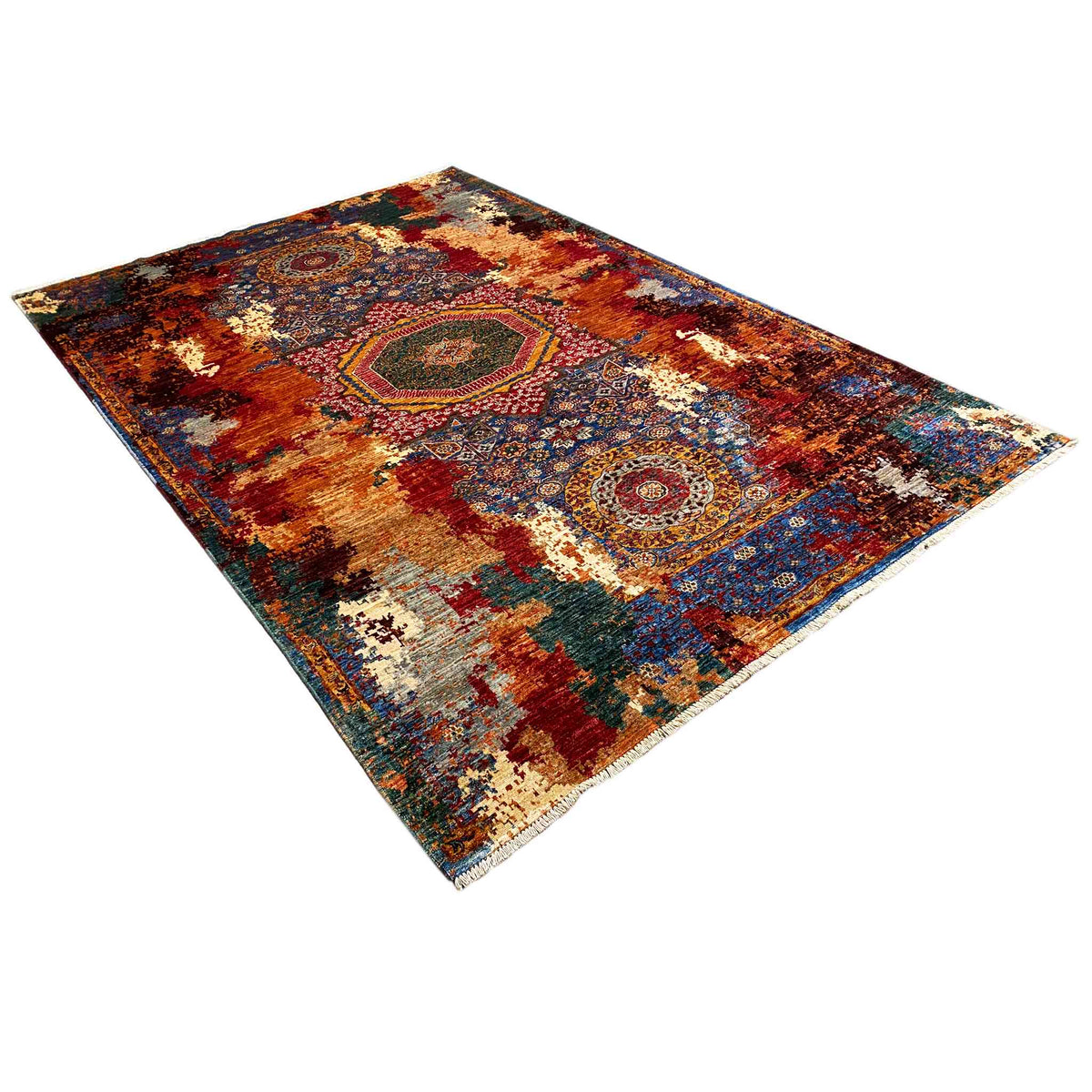 Mamluk rug in brown-red and blue with large medallion elements