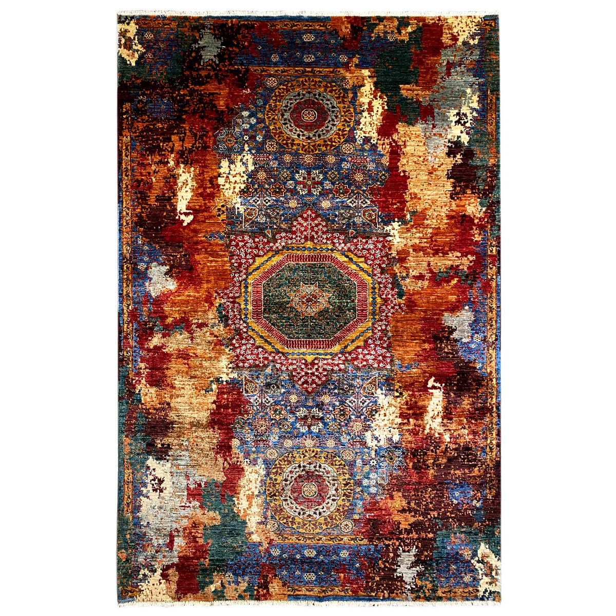 Hand-knotted Mamluk rug with patchwork medallion and blue-red design