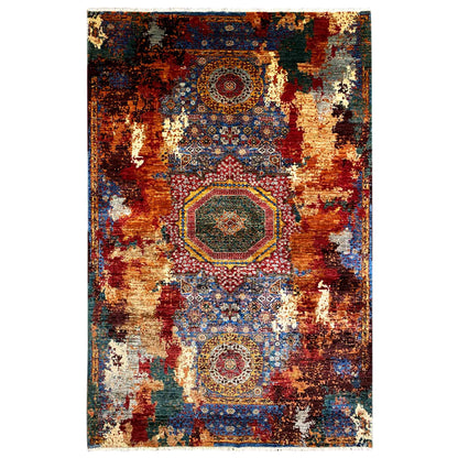 Hand-knotted Mamluk rug with patchwork medallion and blue-red design