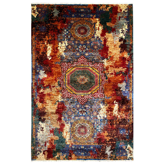 Hand-knotted Mamluk rug with patchwork medallion and blue-red design