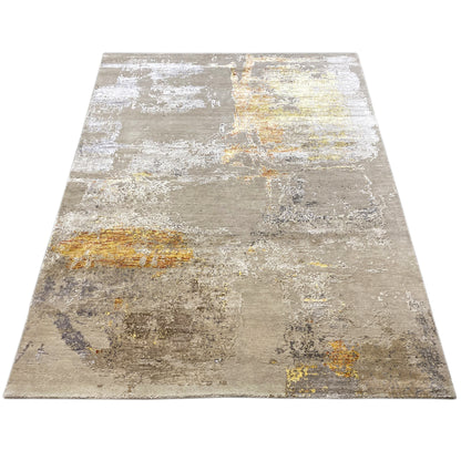 Modern rectangular rug, abstract vintage pattern in beige with yellow-orange accents