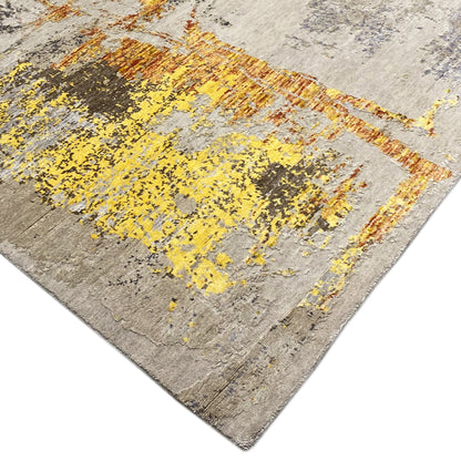 Modern rug 241x170 cm, abstract pattern in yellow, orange, and blue on a light gray background