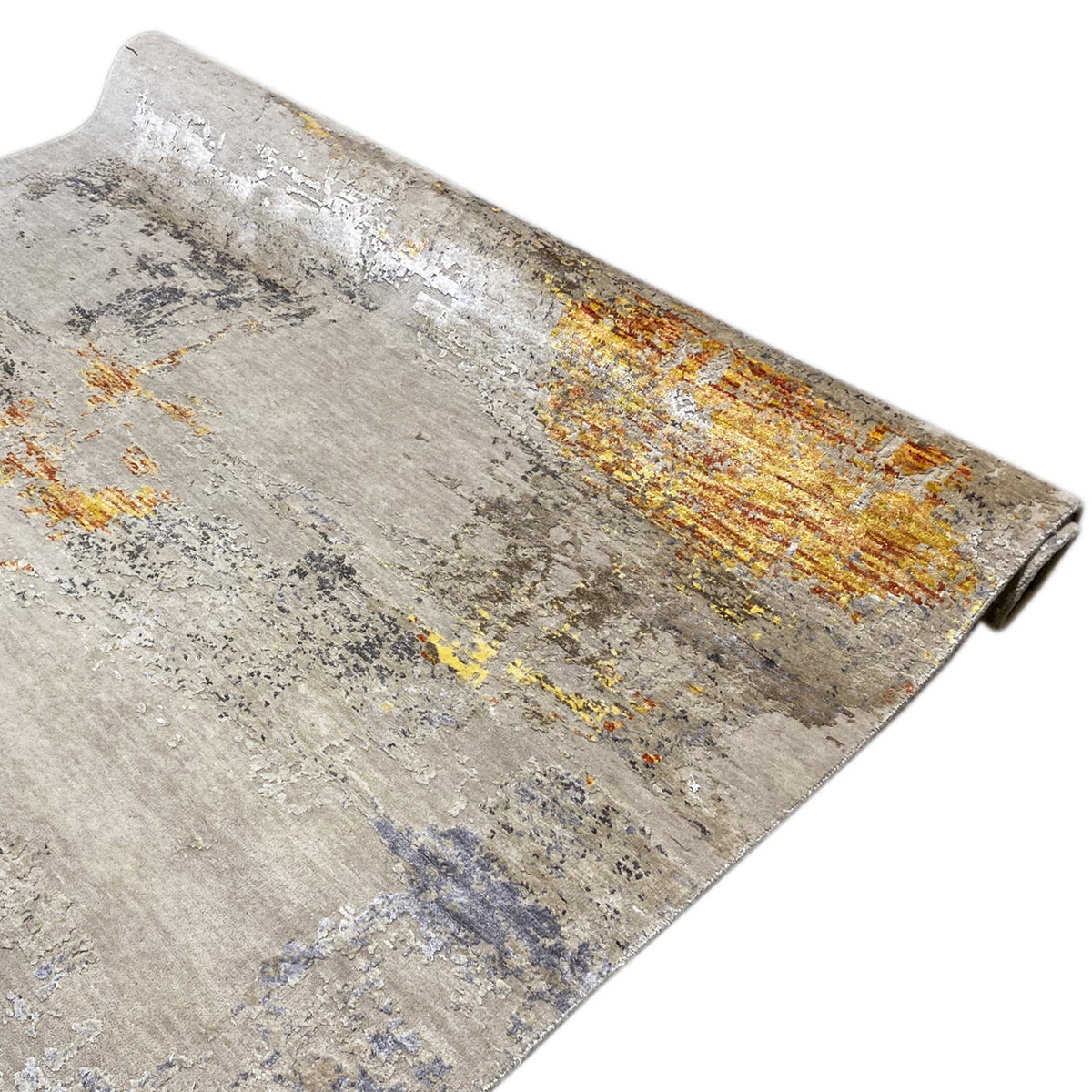 Modern rug 241x170 cm, light gray with orange-yellow texture and blue spots