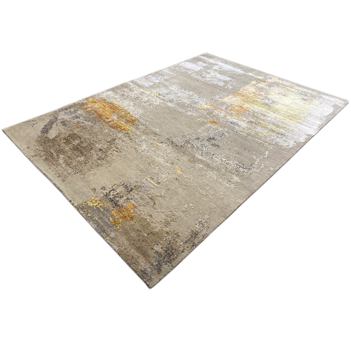 Modern rug with an abstract patchwork pattern, beige with yellow-orange details, rectangular