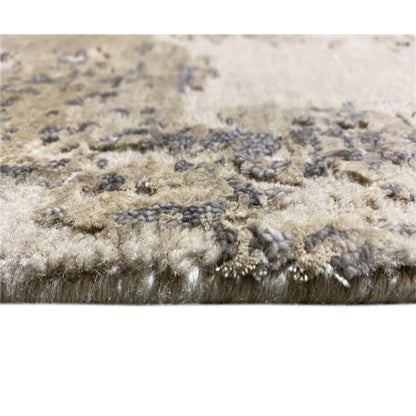 Close-up of the carpet surface: beige pile with gray-blue accents and yellow sections