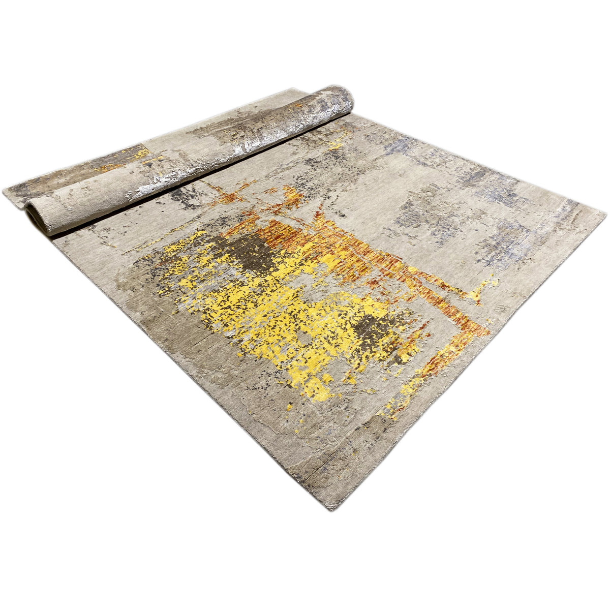 Modern rug with a slightly rolled-up edge, beige vintage design with yellow-orange spots