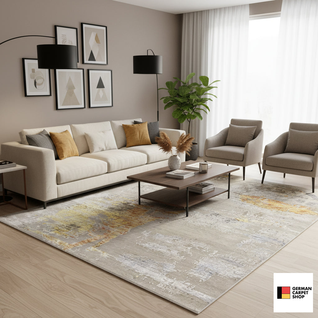 Modern rug 241x170 cm with an abstract color gradient in yellow, orange and blue