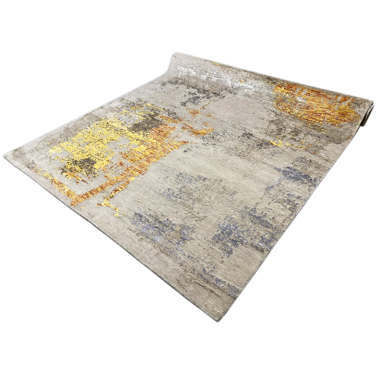 Modern rug with an abstract vintage pattern, beige with a yellow-orange texture, rectangular