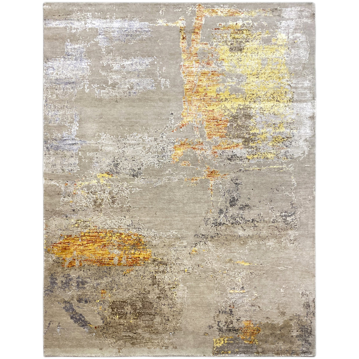 Modern rug with beige vintage design and yellow-orange spots, rectangular