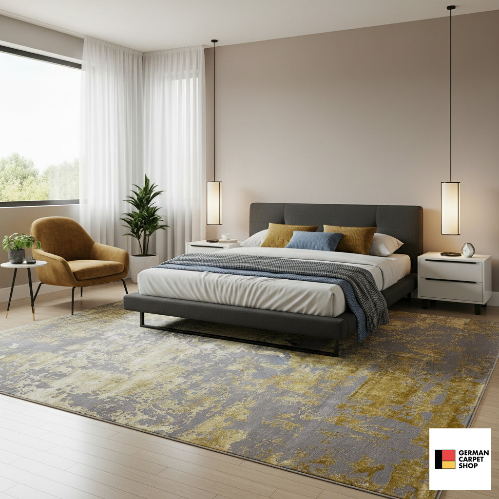 Modern rug (311x200 cm) in the bedroom: gray-gold vintage look under the bed