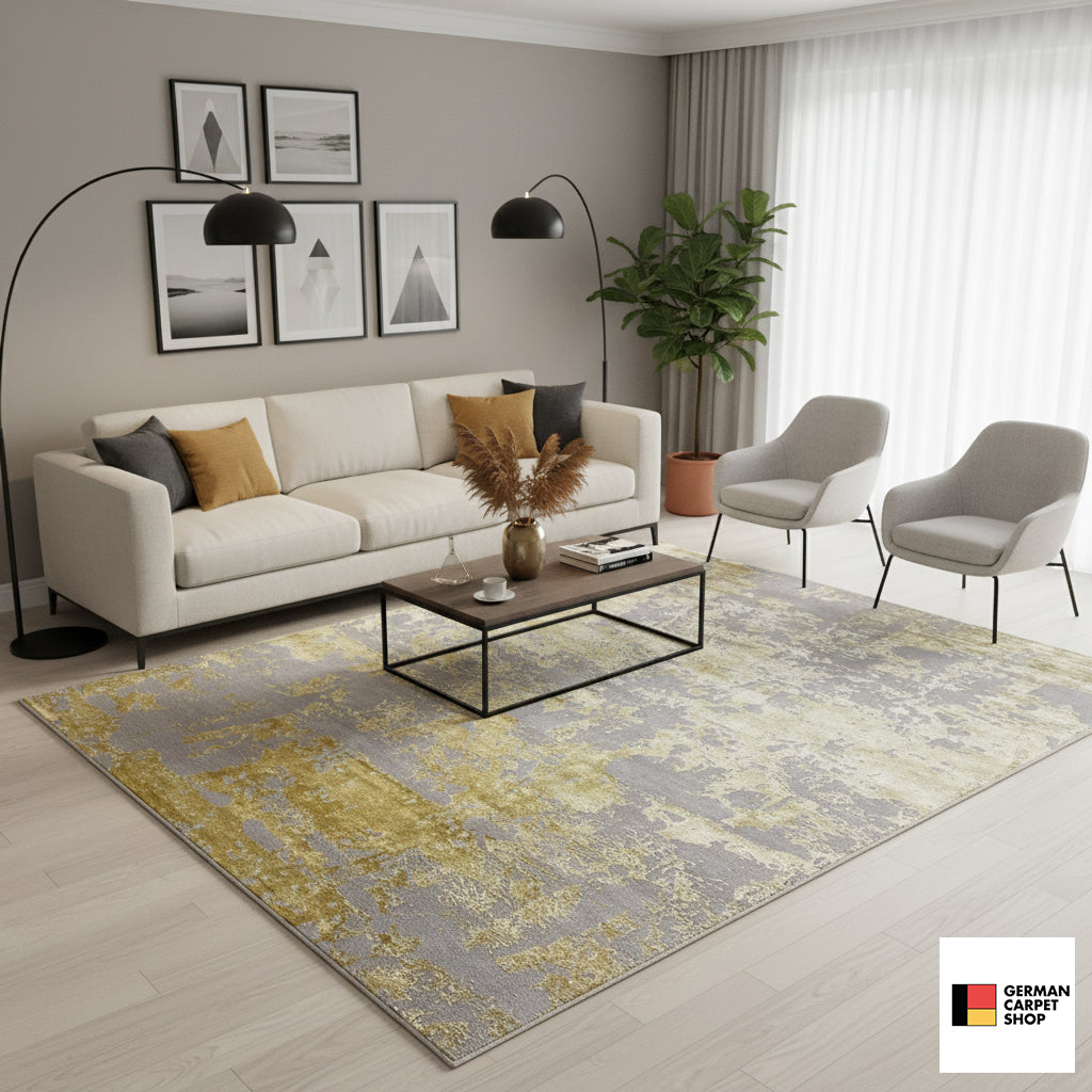 Modern rug (311x200 cm) in the living room: gray-gold vintage pattern on a light background