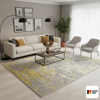 Modern rug (311x200 cm) in the living room: gray-gold vintage pattern on a light background