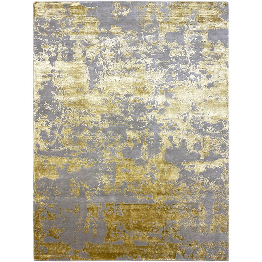 Modern rectangular rug, 311x200 cm, with an abstract vintage pattern in gray and gold.
