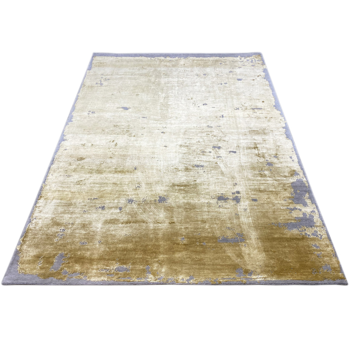 Modern yellow rug with blue-gray pattern, rectangular shape, flat-woven