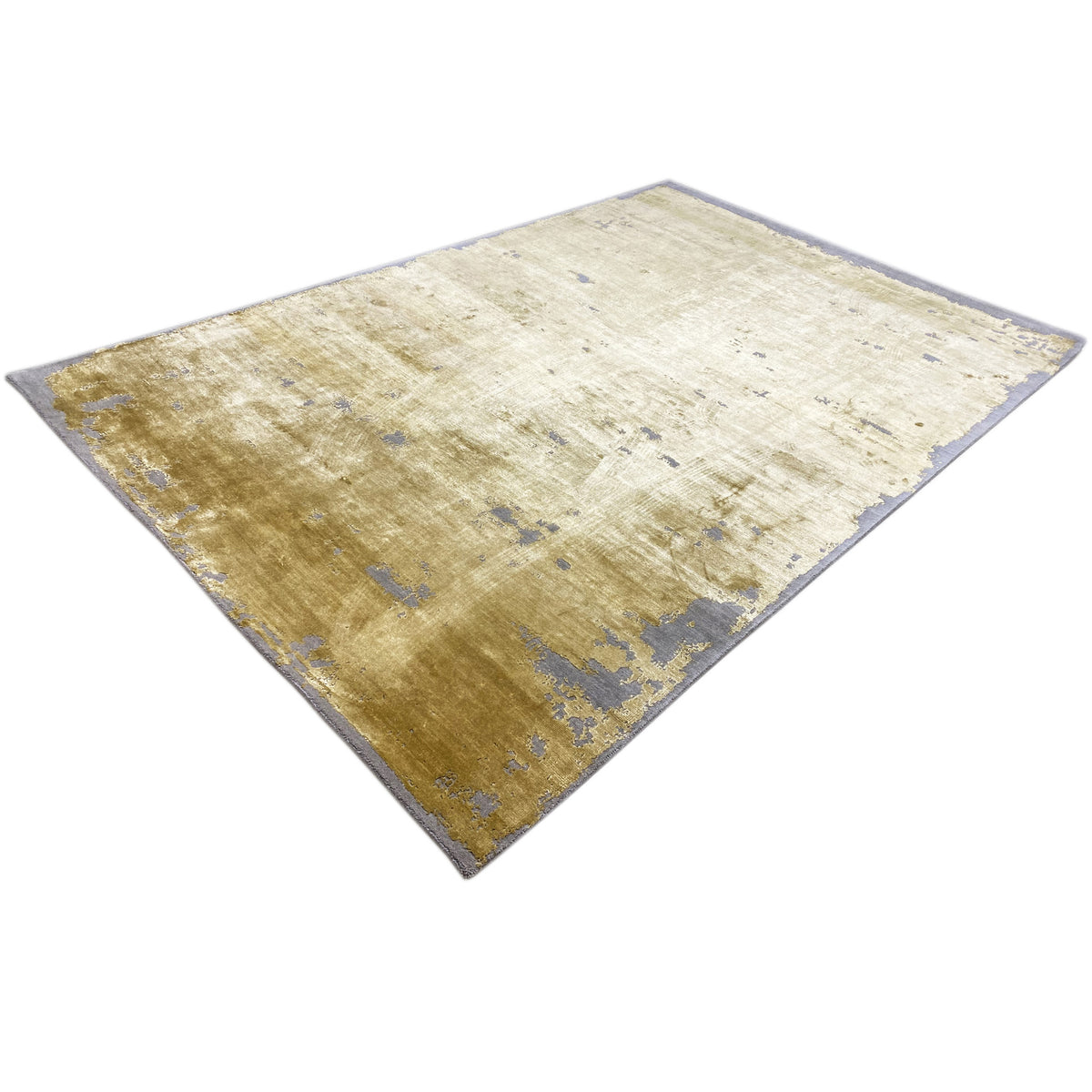 Modern yellow rug with blue-gray areas, rectangular, visible texture