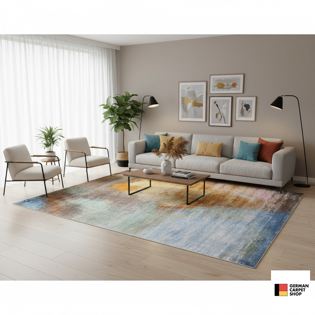 Modern rug 312x209 cm in vintage design, blue, yellow, and pink in a large-scale pattern
