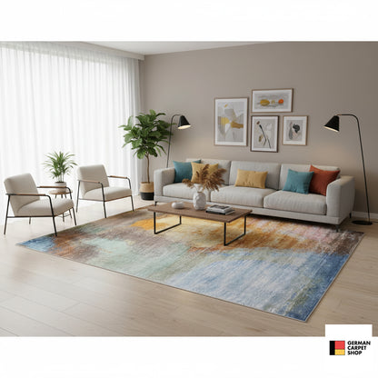 Modern rug 312x209 cm in vintage design, blue, yellow, and pink in a large-scale pattern