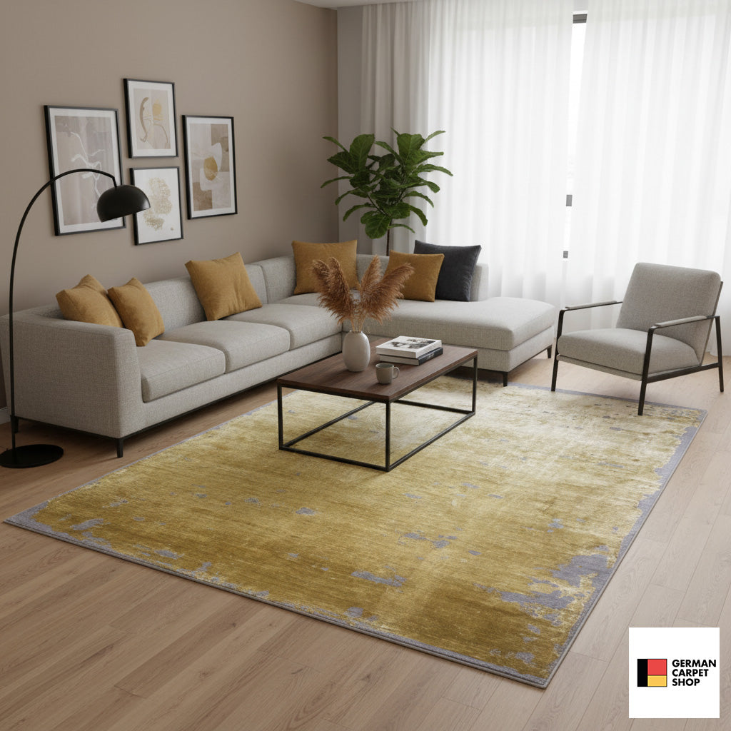 Short-pile rug: mustard and gray, abstract dots, rectangular