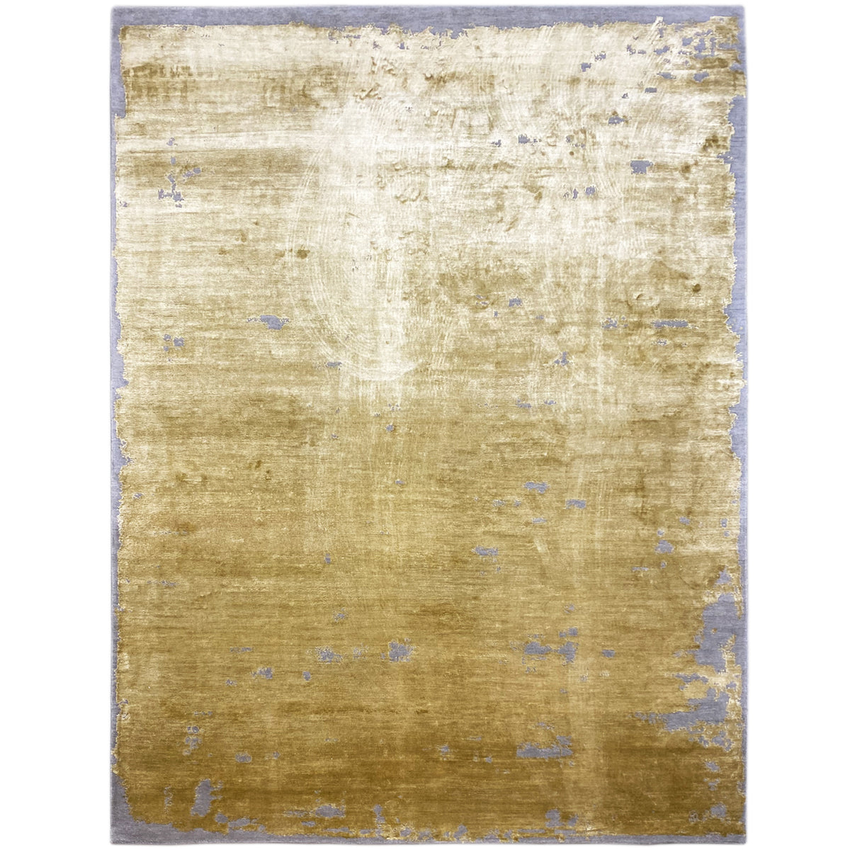 Modern yellow rug with blue-gray vintage patches, rectangular, flat-woven