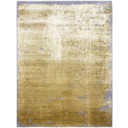 Modern yellow rug with blue-gray vintage patches, rectangular, flat-woven