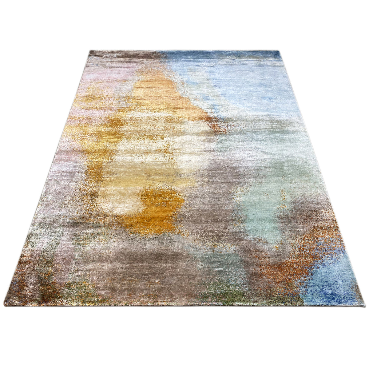 Modern rug 312x209 cm, abstract interplay of colors in blue, yellow, green, and brown