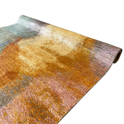 Modern rug 312x209 cm: vintage pattern, yellow-orange with blue-green and pink, rolled edge