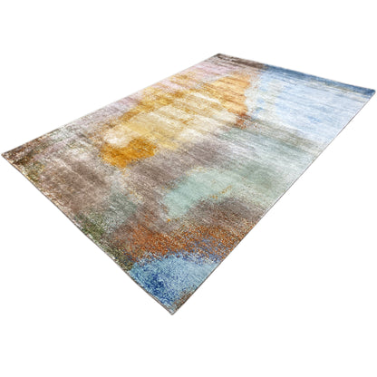 Modern rug 312x209 cm in three-quarter view, abstract pattern in blue, orange, and gray