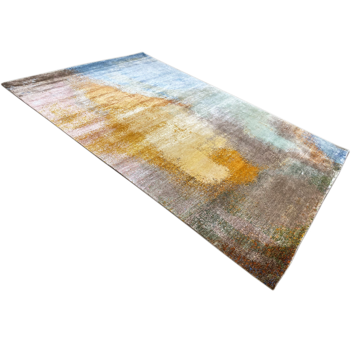 Modern rug 312x209 cm, diagonal view with abstract areas in blue and gold