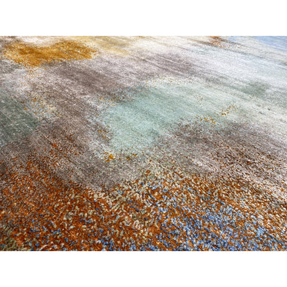 Modern rug 312x209 cm detail shot: textured pile in blue, orange, and beige