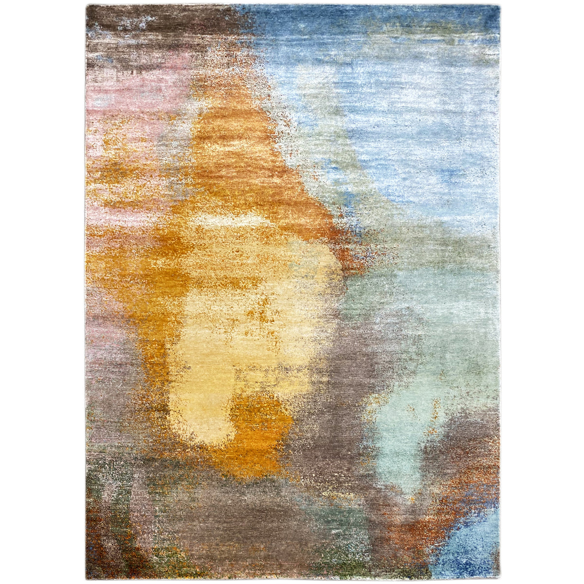 Modern rug 312x209 cm with an abstract pattern in blue, orange, gray, and brown
