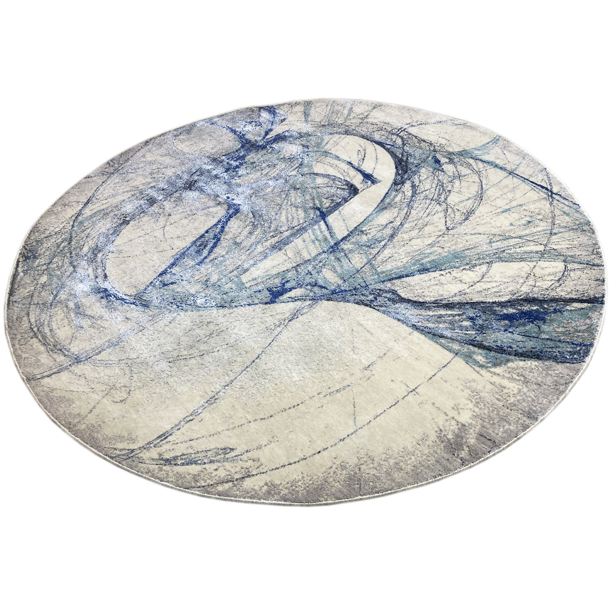 Round rug: large-scale abstract design in blue and light gray, fine line drawing