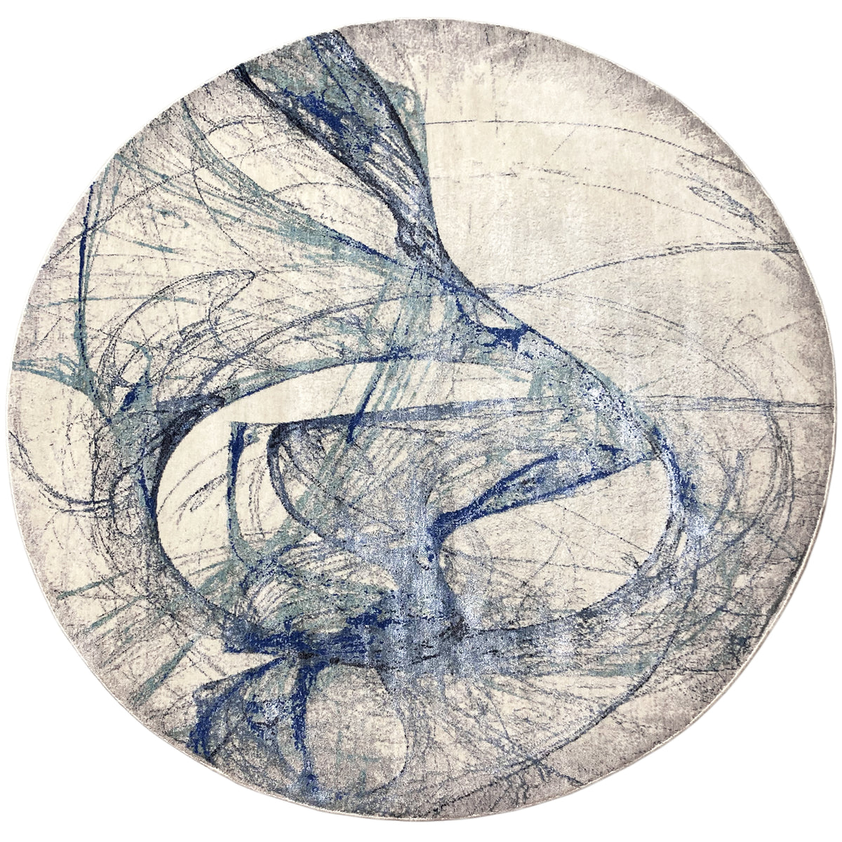 Modern rug 203×203 cm: round rug with a blue abstract pattern on a light background