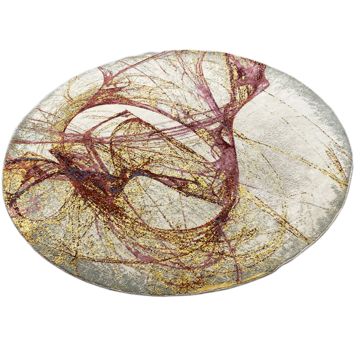 Round rug with abstract swirls and gold-and-burgundy lines on light gray