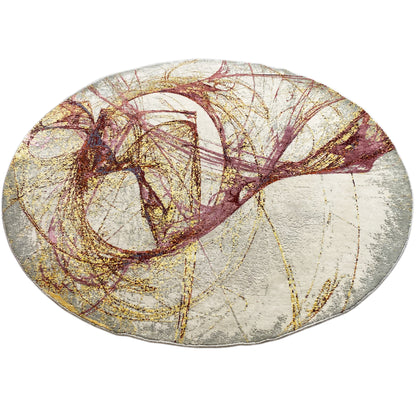 Round rug with a large abstract design in burgundy and gold on light gray