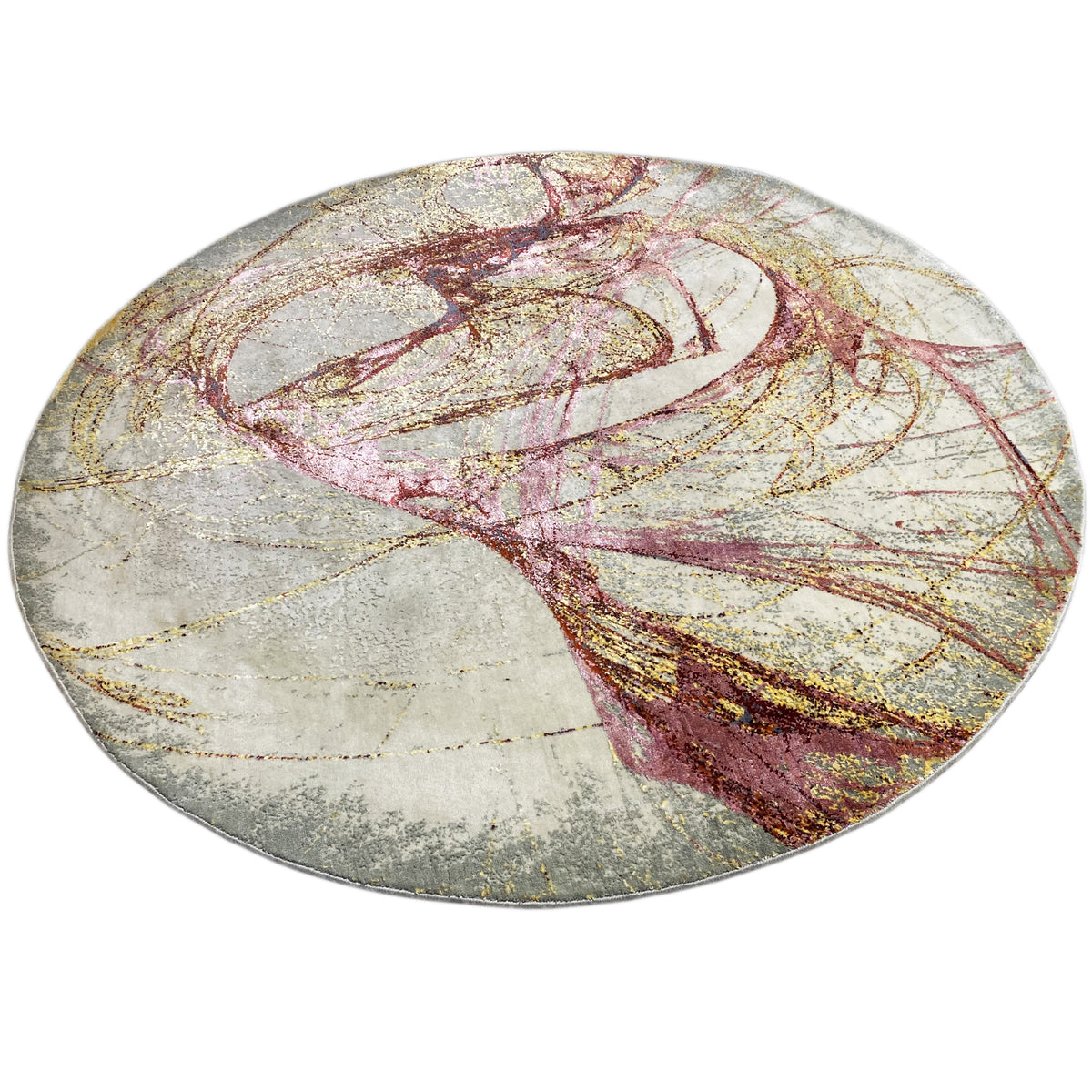 Round rug with curved lines in burgundy, gold, and gray on a light background