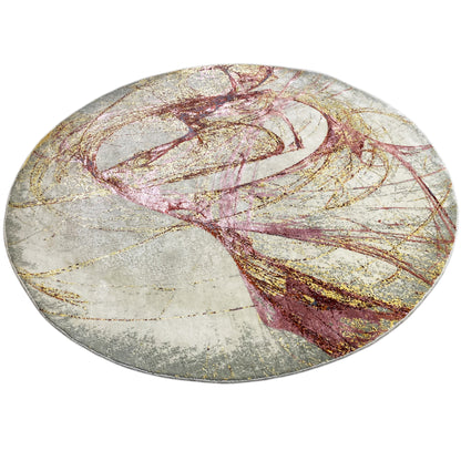 Round rug with curved lines in burgundy, gold, and gray on a light background