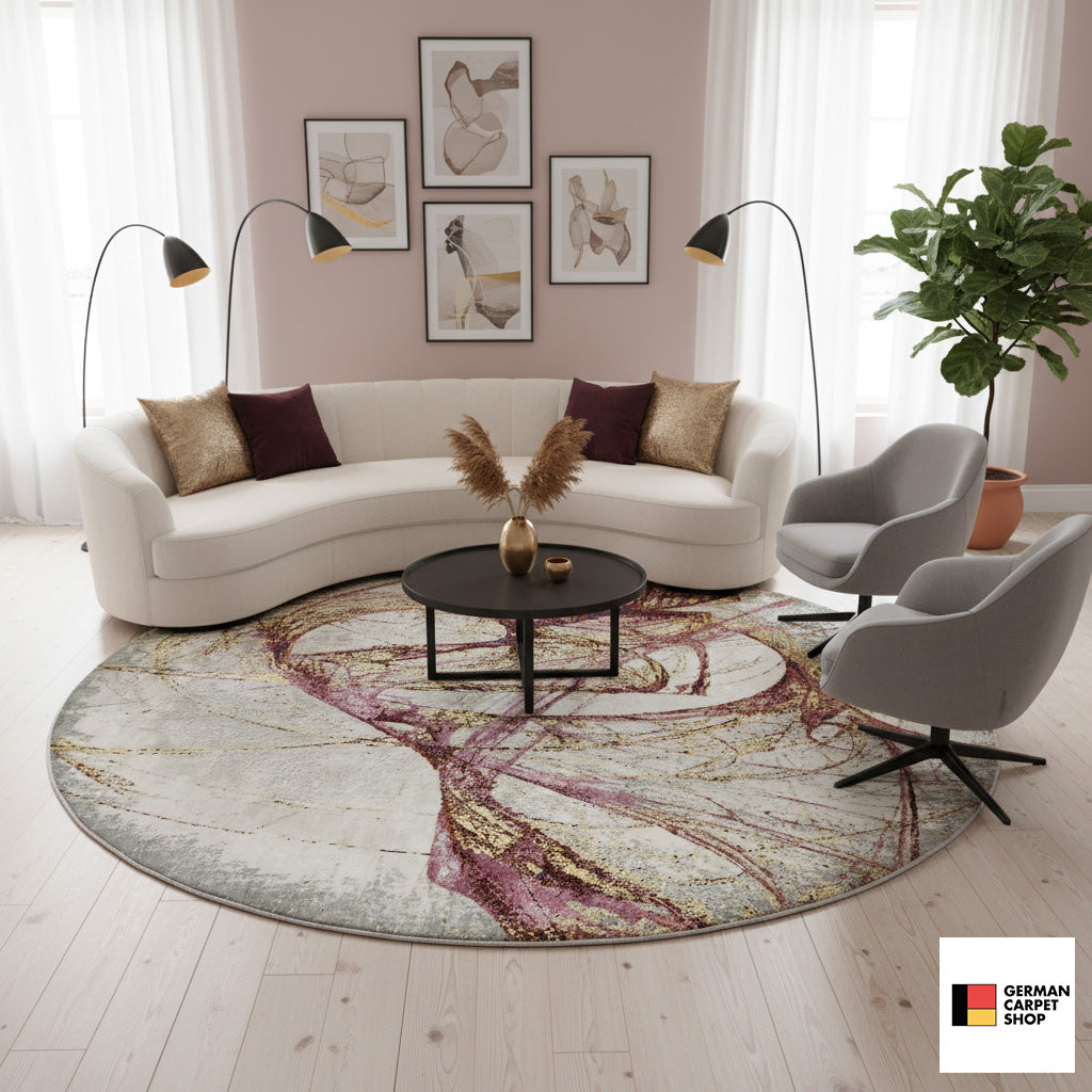 Round rug 202x202 cm with an abstract line pattern in burgundy, gold, and gray
