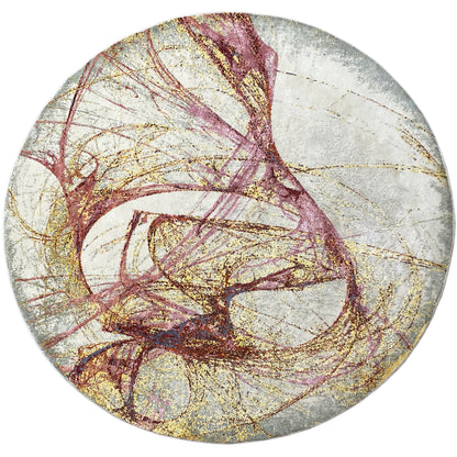 Round rug with an abstract line pattern in burgundy, gold, and gray on a light background